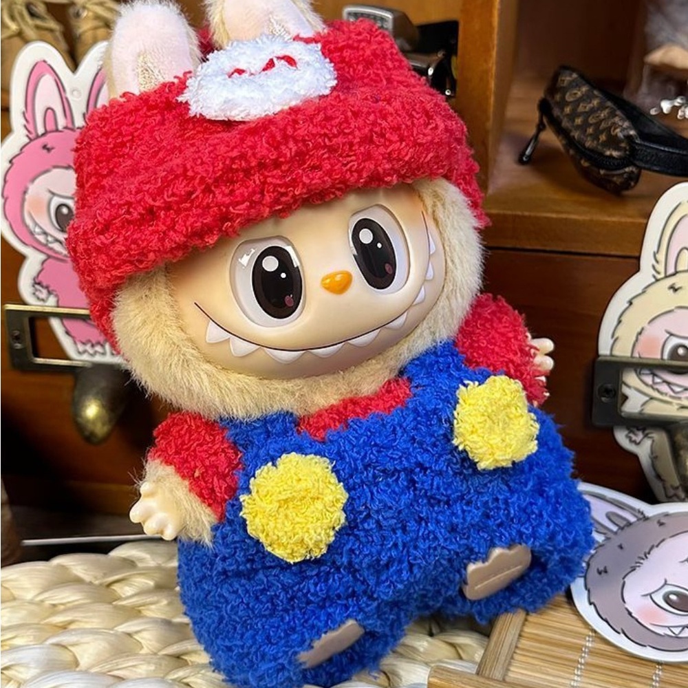 Labubu clothes Plush Mario Bros Red Hat and Blue Overalls (Clothes only no doll)